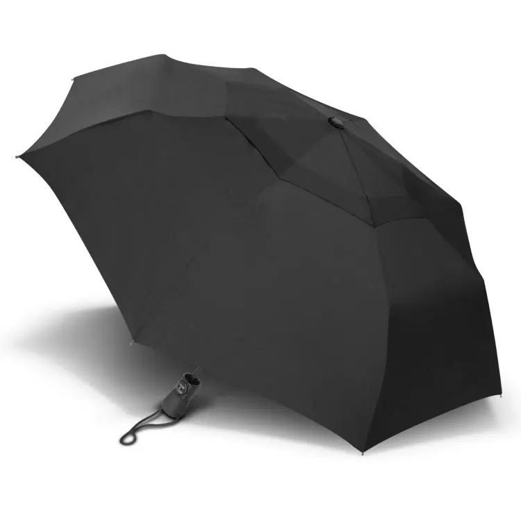 Metropolitan umbrella in black, open profile view with wrist strap