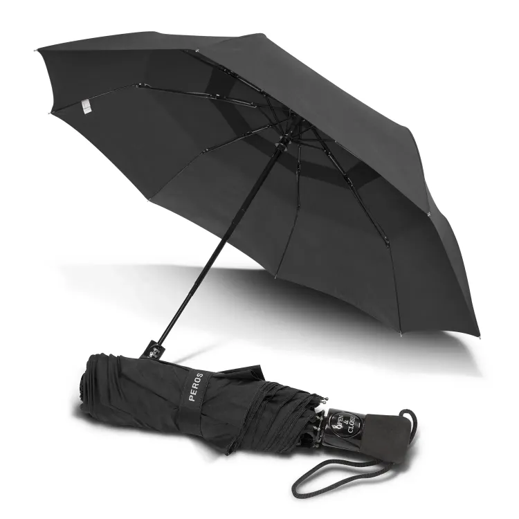 Metropolitan umbrella in black, open underside view with closed umbrella and sleeve