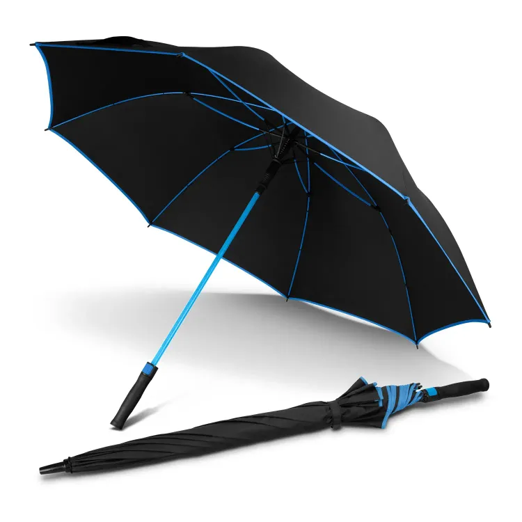 Monsoon Umbrella in black and light blue, open angled view with light blue shaft, trim and ribs