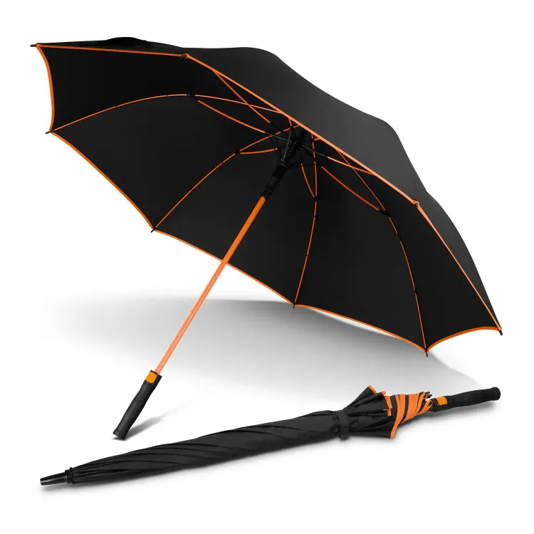Monsoon Umbrella in black and orange, open angled view with orange shaft, trim and ribs