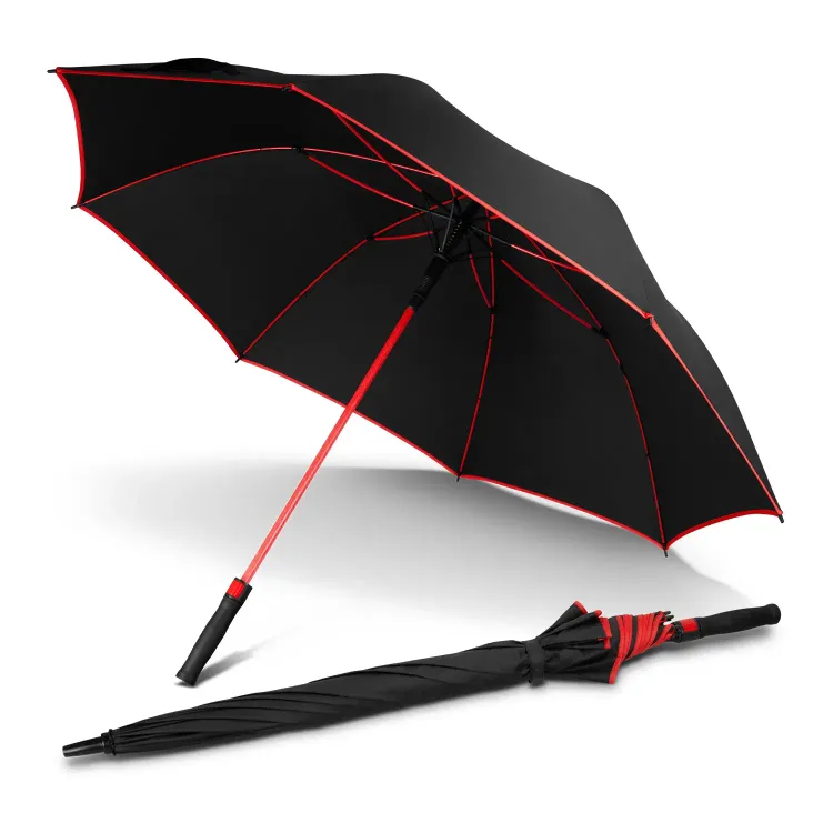 Monsoon Umbrella in black and red, open angled view with red shaft, trim and ribs