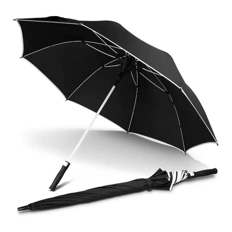 Monsoon Umbrella in black and white, open angled view with white shaft, trim and ribs