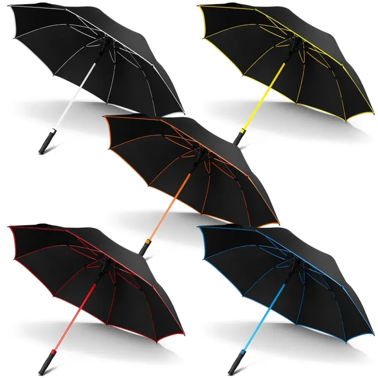 Line-up of Monsoon umbrellas in black/white, black/yellow, black/orange, black/light blue and black/red