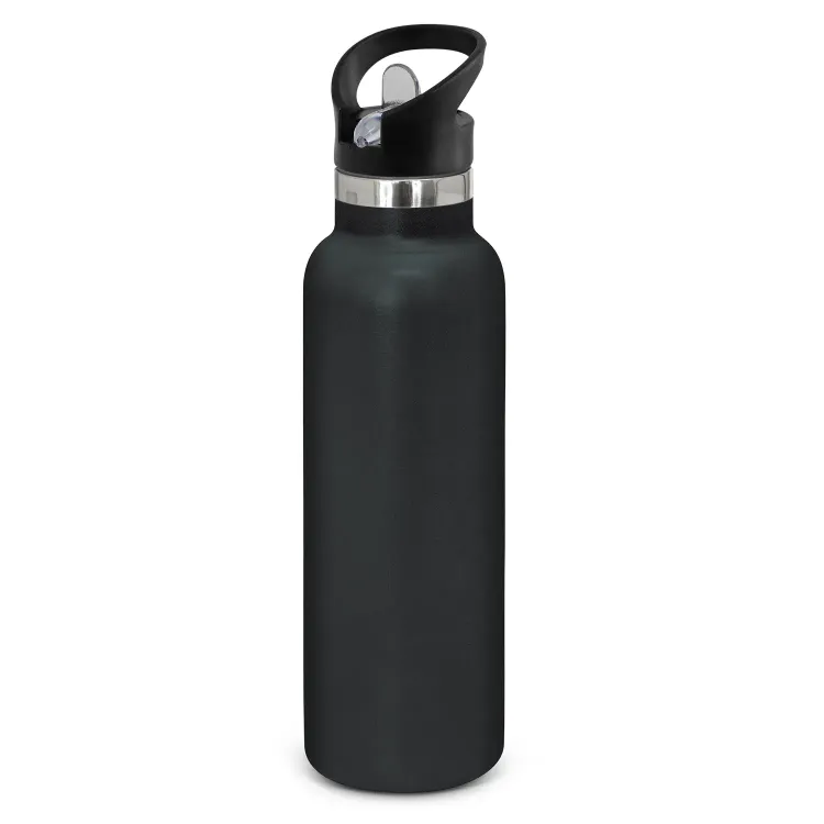 Powder coated stainless steel drink bottle with carry lid in black.