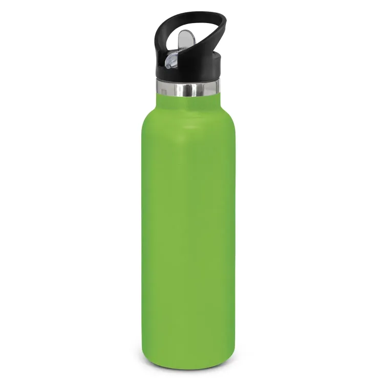 Powder coated stainless steel drink bottle with carry lid in bright green.