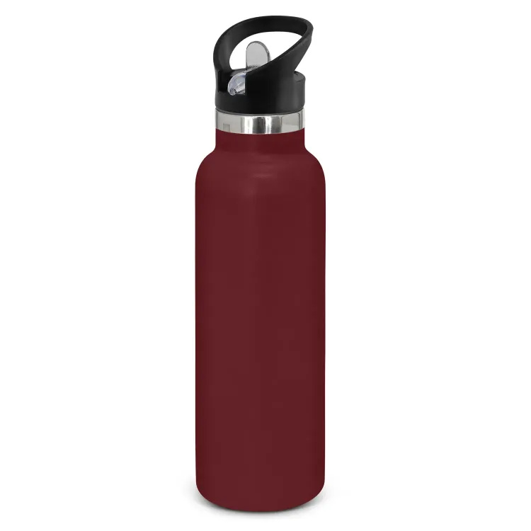 Powder coated stainless steel drink bottle with carry lid in burgundy.