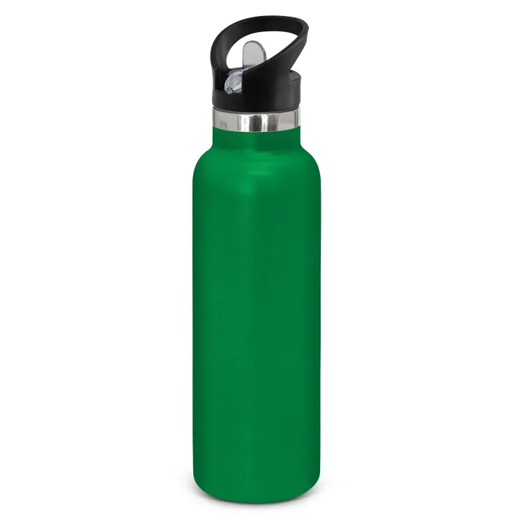 Powder coated stainless steel drink bottle with carry lid in dark green.