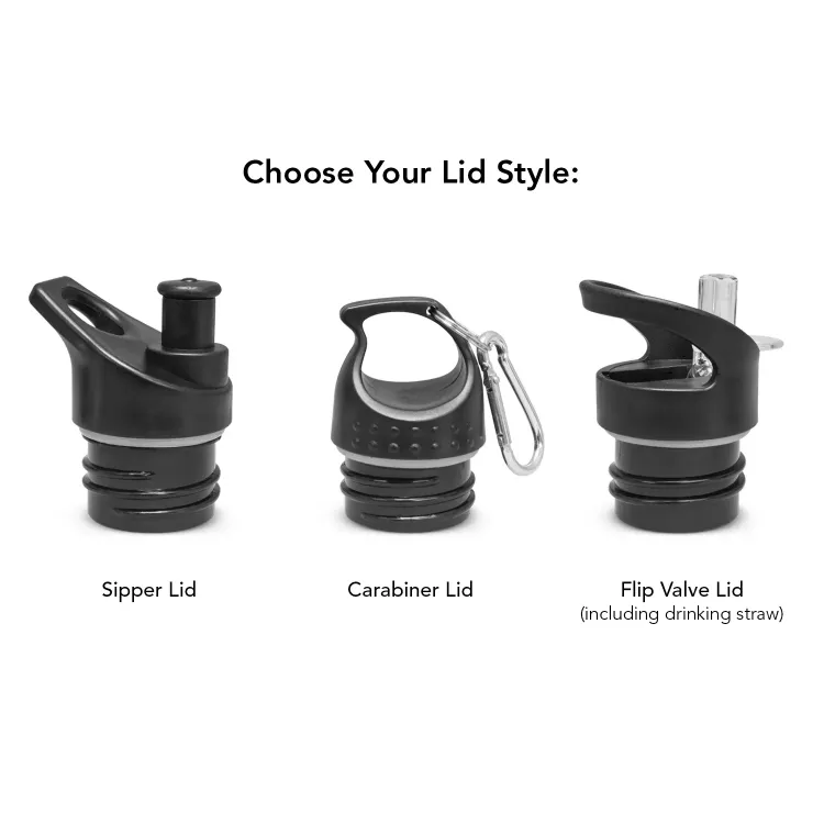 Three interchangeable lid styles for Nomad bottle range including sipper lid, carabiner lid, and flip valve lid with straw.