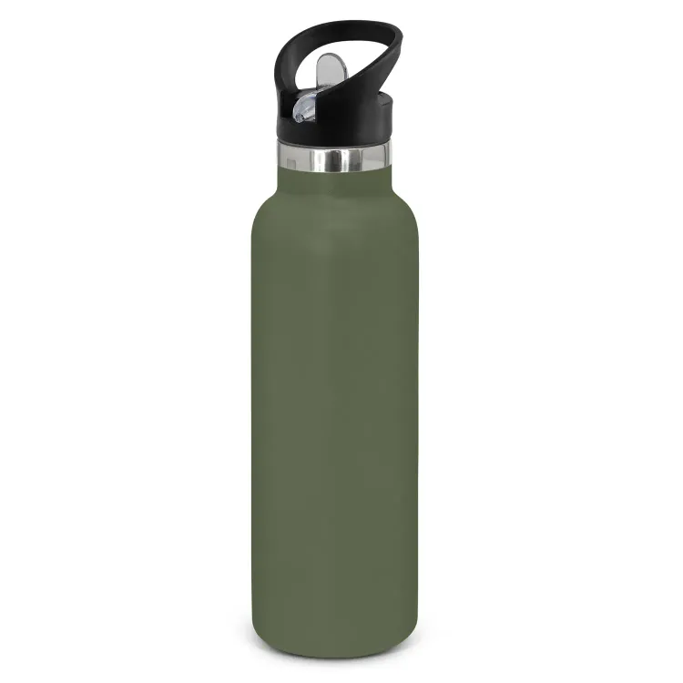 Powder coated stainless steel drink bottle with carry lid in olive.