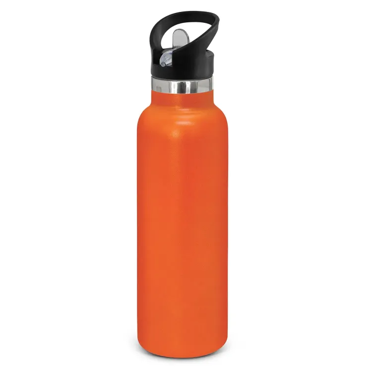 Powder coated stainless steel drink bottle with carry lid in orange.
