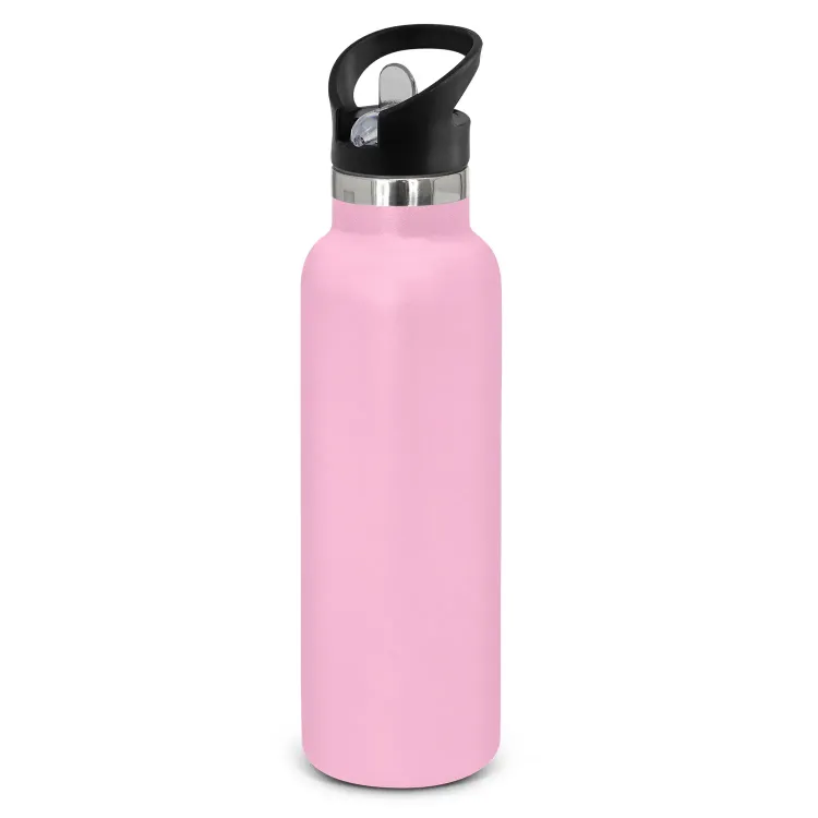 Powder coated stainless steel drink bottle with carry lid in pale pink.
