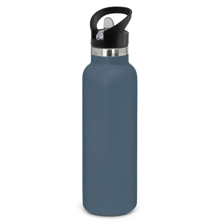 Powder coated stainless steel drink bottle with carry lid in petrol blue.