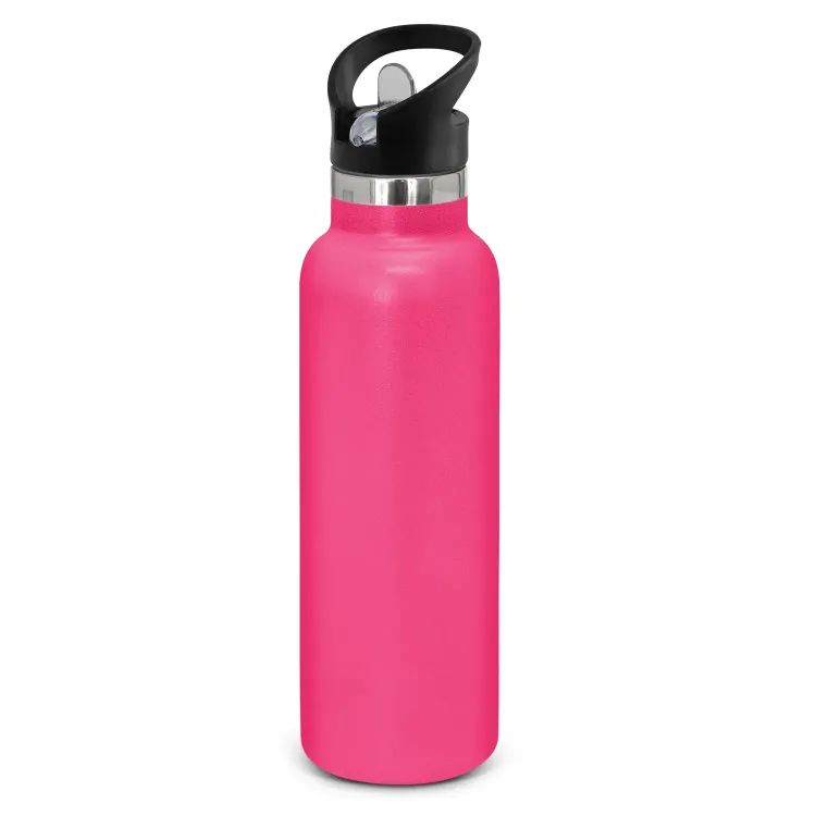 Powder coated stainless steel drink bottle with carry lid in pink.