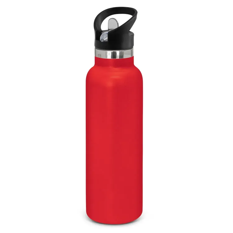 Powder coated stainless steel drink bottle with carry lid in red.