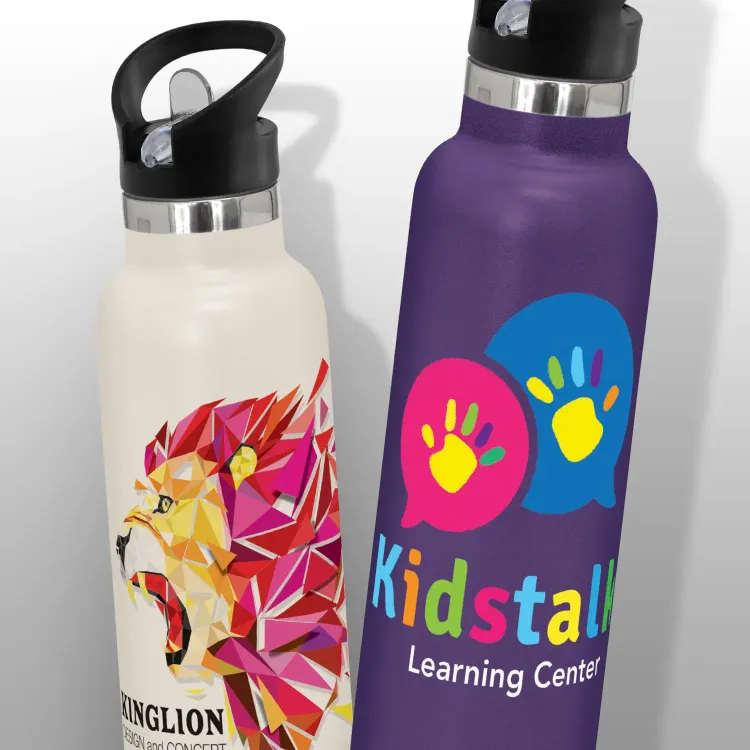 Nomad vacuum bottles with full-colour printed logos showcasing rotary digital branding.