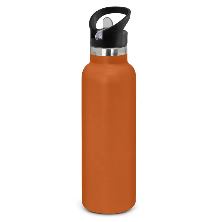 Powder coated stainless steel drink bottle with carry lid in rust.
