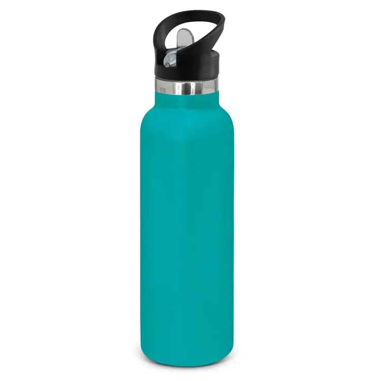 Powder coated stainless steel drink bottle with carry lid in teal.