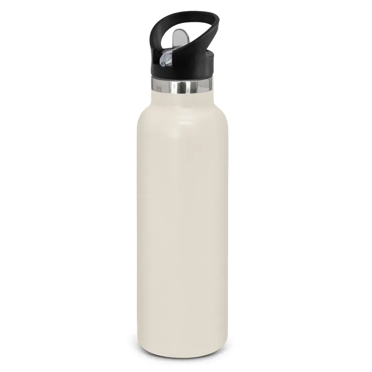 Powder coated stainless steel drink bottle with carry lid in white.