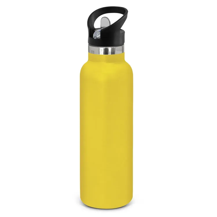 Powder coated stainless steel drink bottle with carry lid in yellow.