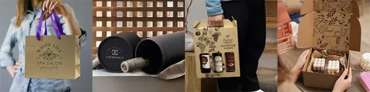 Gift boxes, bags, tubes and ribbons with custom branding