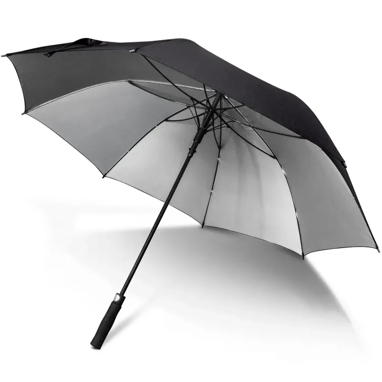 Patronus umbrella in black and silver, open with interior view showing silver lining