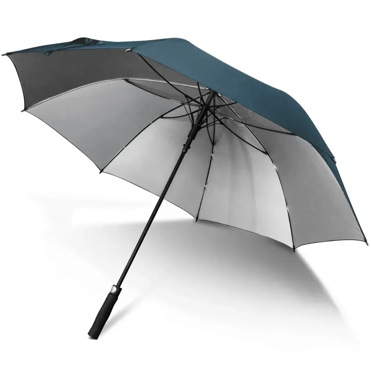 Patronus umbrella in navy and silver, open with interior view showing silver lining