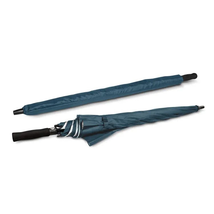 Two Patronus umbrellas in navy and silver, closed and folded, one in matching sleeve