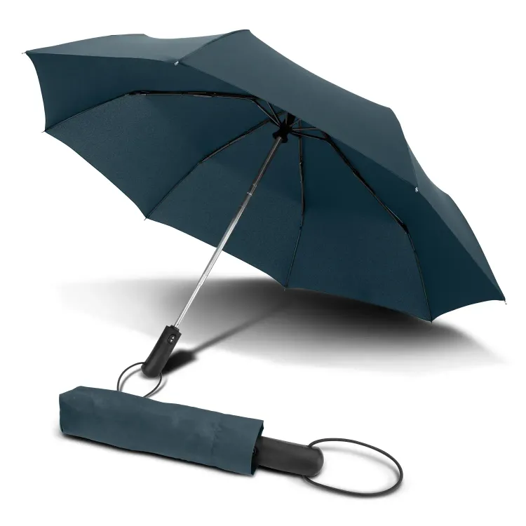 Prague Compact umbrella in navy, open with matching closed umbrella in sleeve beside it