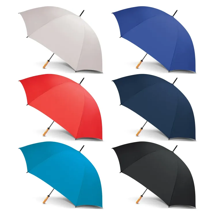 Line-up of open Pro Umbrellas with wooden handles in white, red, cyan, royal, navy and black