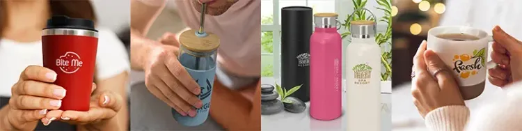 Hands holding red branded travel cup, glass tumbler with blue silicone sleeve and straw, pink and white stainless bottles, and white ceramic mug with printed logo and steam