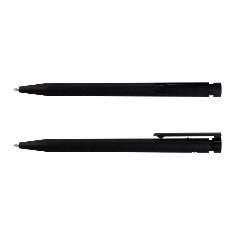 Recycled Plastic Pen in black, front and side views
