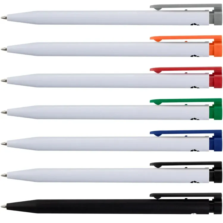 Line-up of Recycled Plastic Pens in white grey, white orange, white red, white dark green, white blue, white black, and black