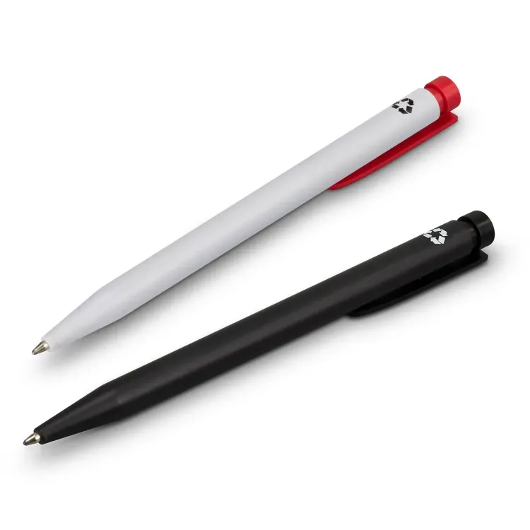 Recycled Plastic Pens in white and red, and black angled view