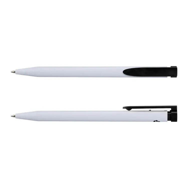 Recycled Plastic Pen in white and black, front and side views