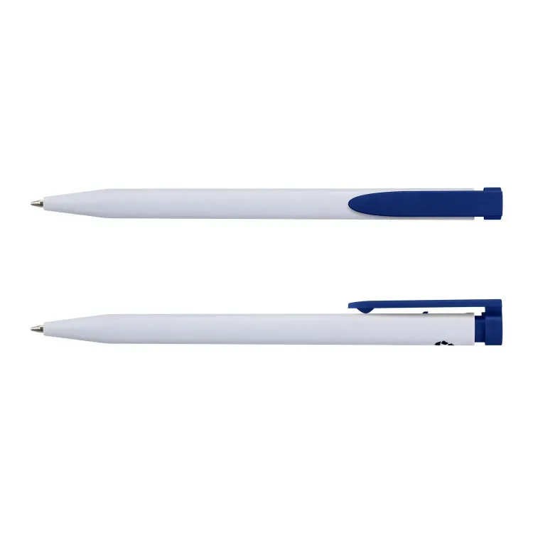 Recycled Plastic Pen in white and blue, front and side views