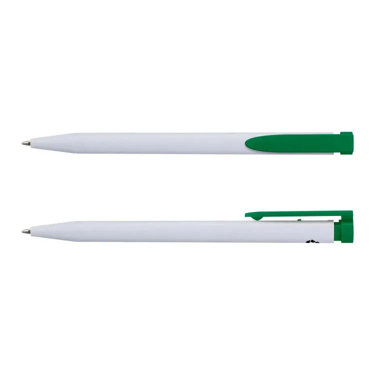 Recycled Plastic Pen in white and dark green, front and side views