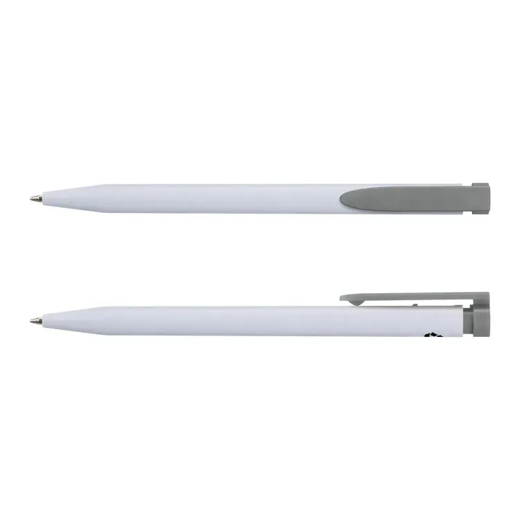 Recycled Plastic Pen in white and grey, front and side views