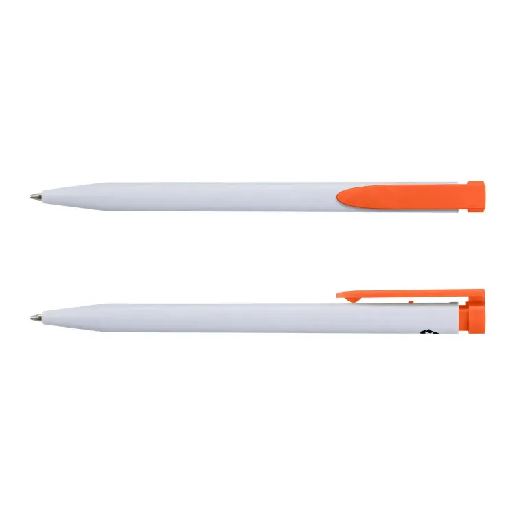 Recycled Plastic Pen in white and orange, front and side views