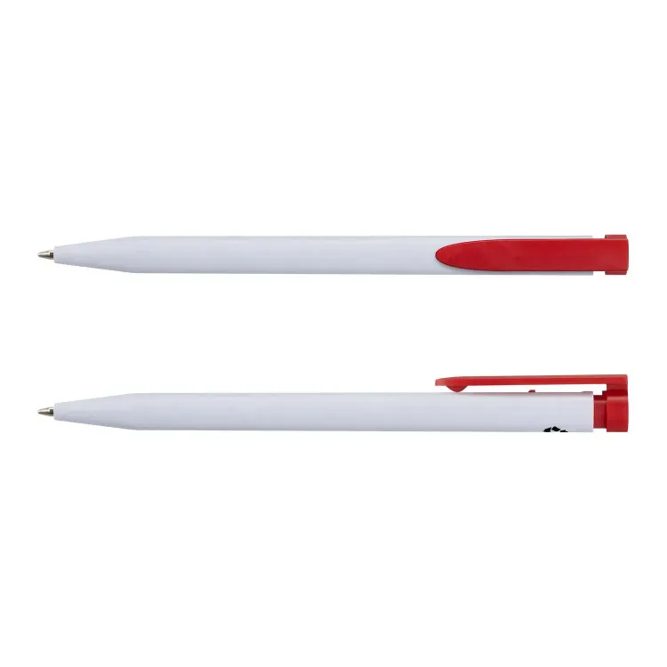 Recycled Plastic Pen in white and red, front and side views
