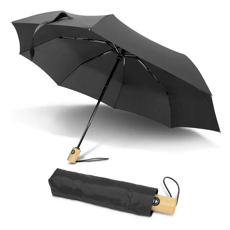 RPET Compact umbrella in black with wooden handle and matching sleeve