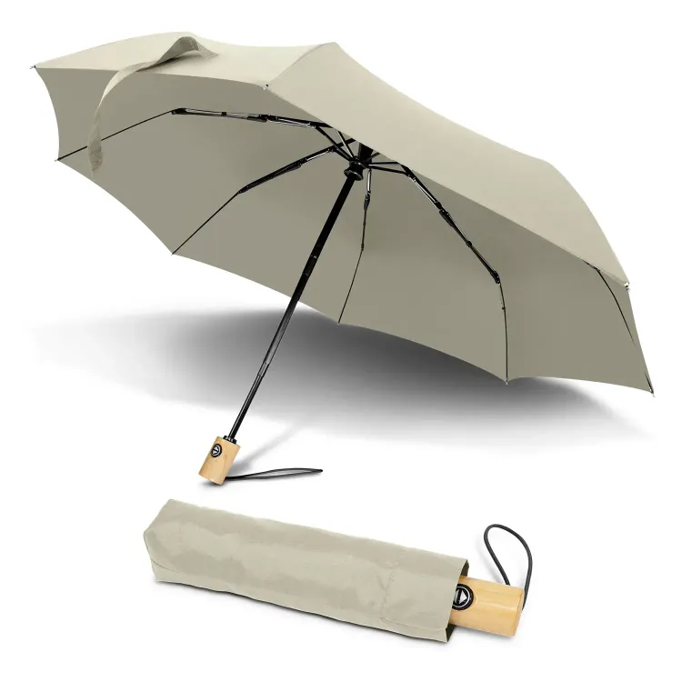 RPET Compact umbrella in ecru with wooden handle and matching sleeve