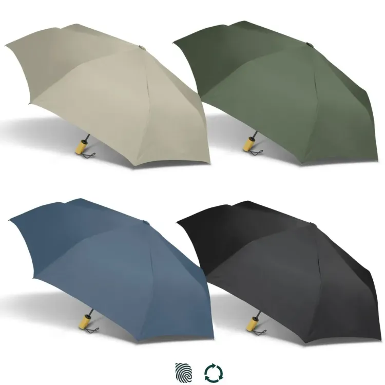 Line-up of RPET Compact umbrellas in black, petrol blue, olive, and ecru