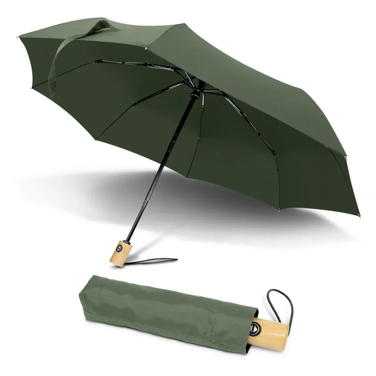 RPET Compact umbrella in olive with wooden handle and matching sleeve