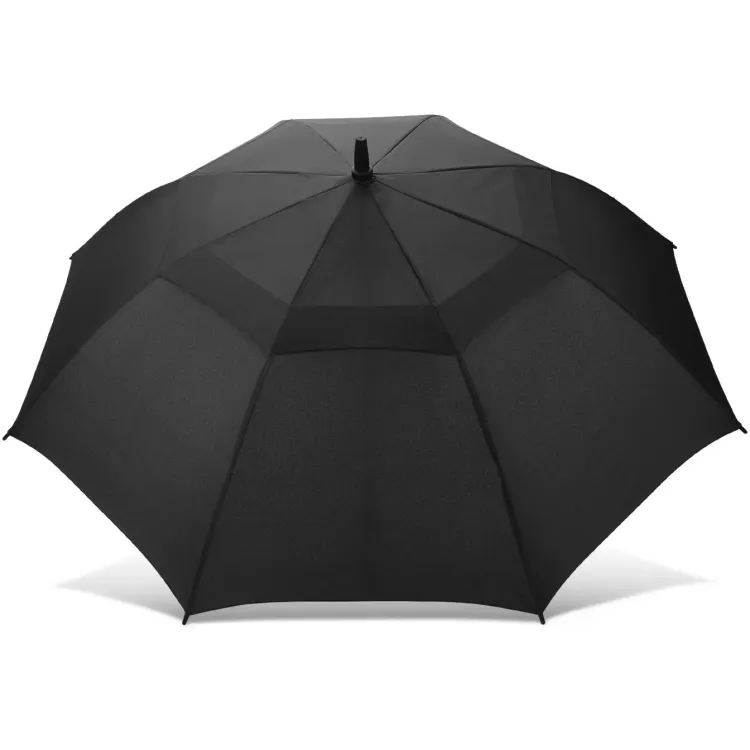 Swiss Peak Tornado 58cm Umbrella viewed from above showing black vented canopy and sleek stormproof profile