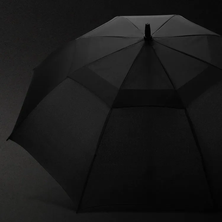 Swiss Peak Tornado 58cm Umbrella feature image showing black vented canopy against dark background