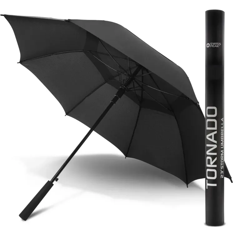 Swiss Peak Tornado 58cm Umbrella in black shown open with matching gift tube featuring sleek modern design