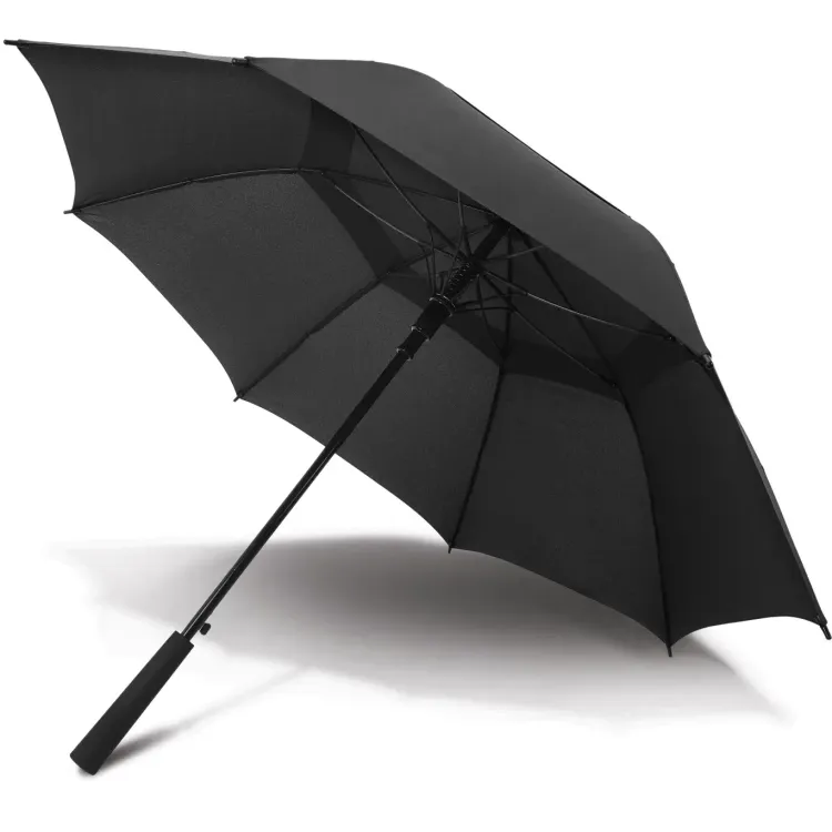 Swiss Peak Tornado 58cm Umbrella fully open in black showing vented canopy and reinforced storm frame