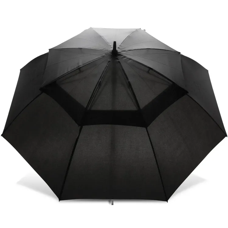 Swiss Peak Tornado 76cm Storm Umbrella fully open top-down view showing black vented double canopy design
