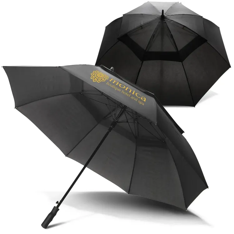 Swiss Peak Tornado 76cm Storm Umbrella in black with one canopy printed in gold logo, open and angled view showing sturdy frame and double canopy design
