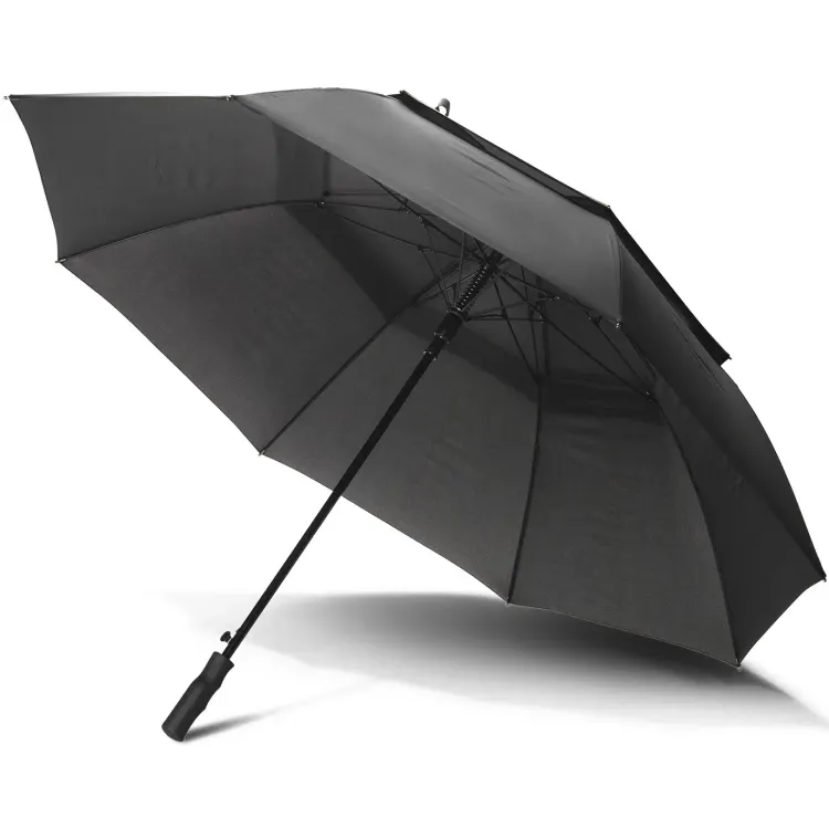 Swiss Peak Tornado 76cm Storm Umbrella fully open in black showing reinforced frame and vented double canopy for wind resistance